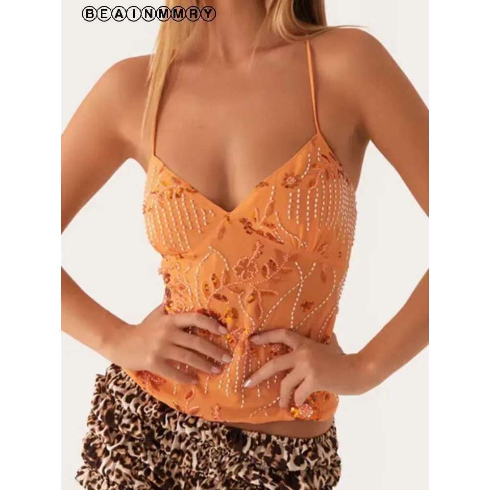 Shiny Sequins V Neck Cropped Vest Women Sexy Lace Up Backless Summer Holiday Halter Tops 2025 Chic Lady Sparkle Sling T-shirt