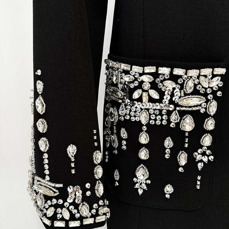 2025 Celebrity Fashion Heavy Industry Nail Bead Diamond Set Suit Collar Tail Long Dress