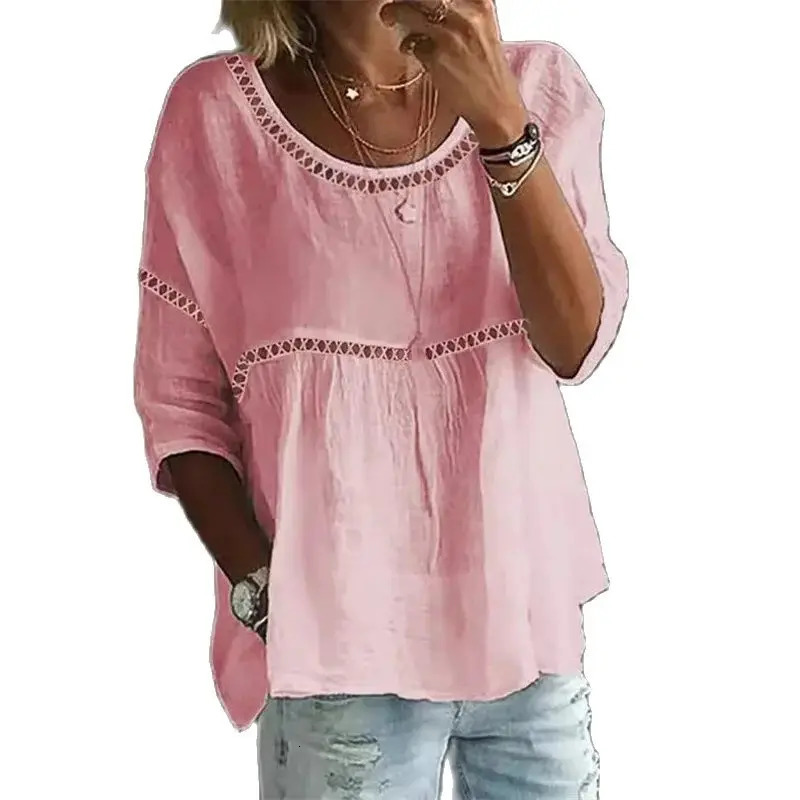 Summer Hollow Out Splice Shirt Women Spring Sevenquarter Sleeve Blouse Female Solid Color Casual Loose Pullover Tops 250515