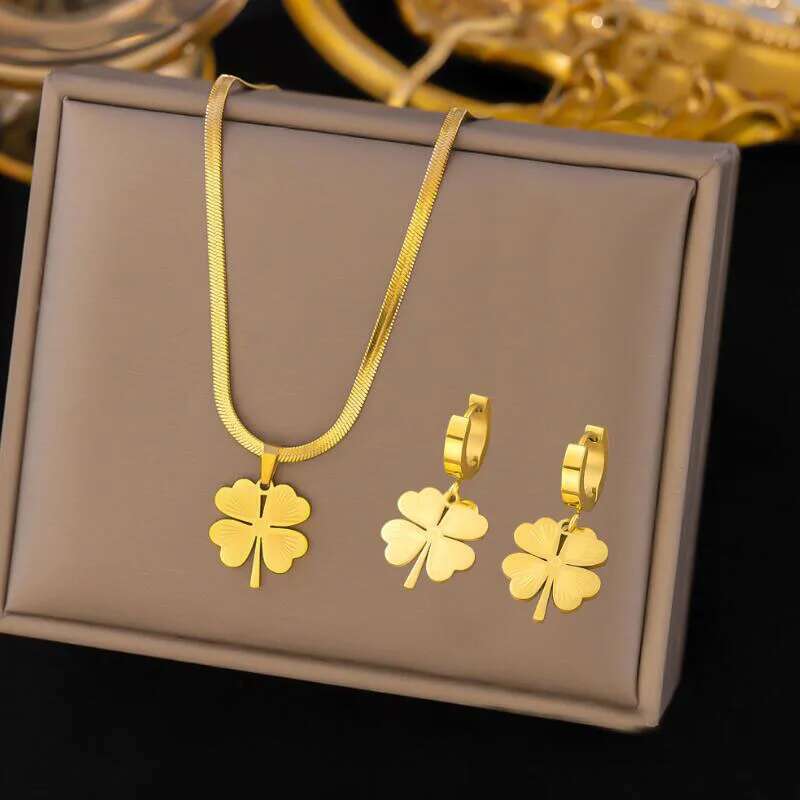 Stainless Steel Lucky Four Clover Flower Pendant Necklace Earrings For Women Jewelry Set High Quality Birthday Gift