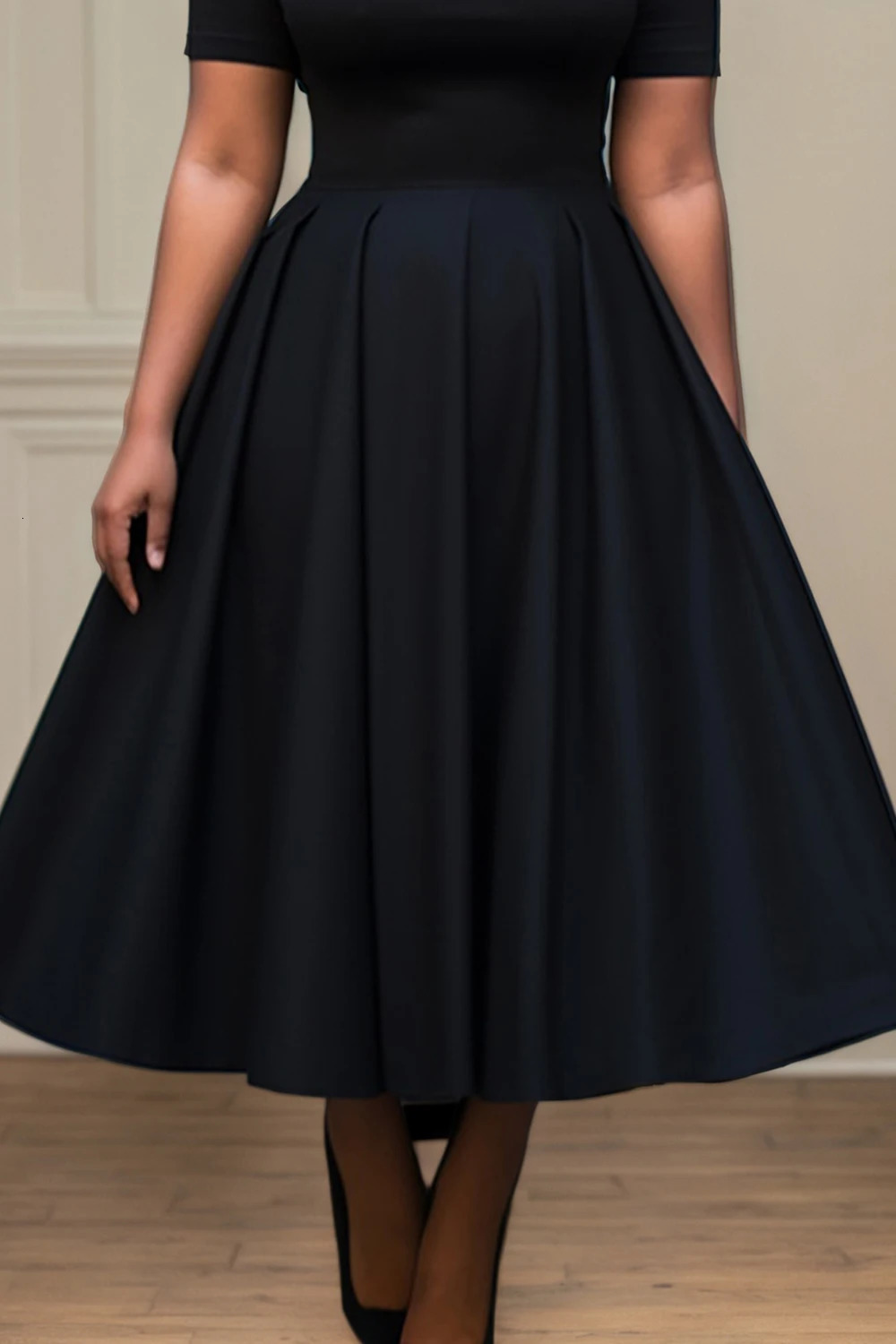 Women Plus Size Black Dress Short Sleeve Summer Casual Pleated A-Line Basic Long Dress Round Neck Fashion Evening Party Dresses 250509