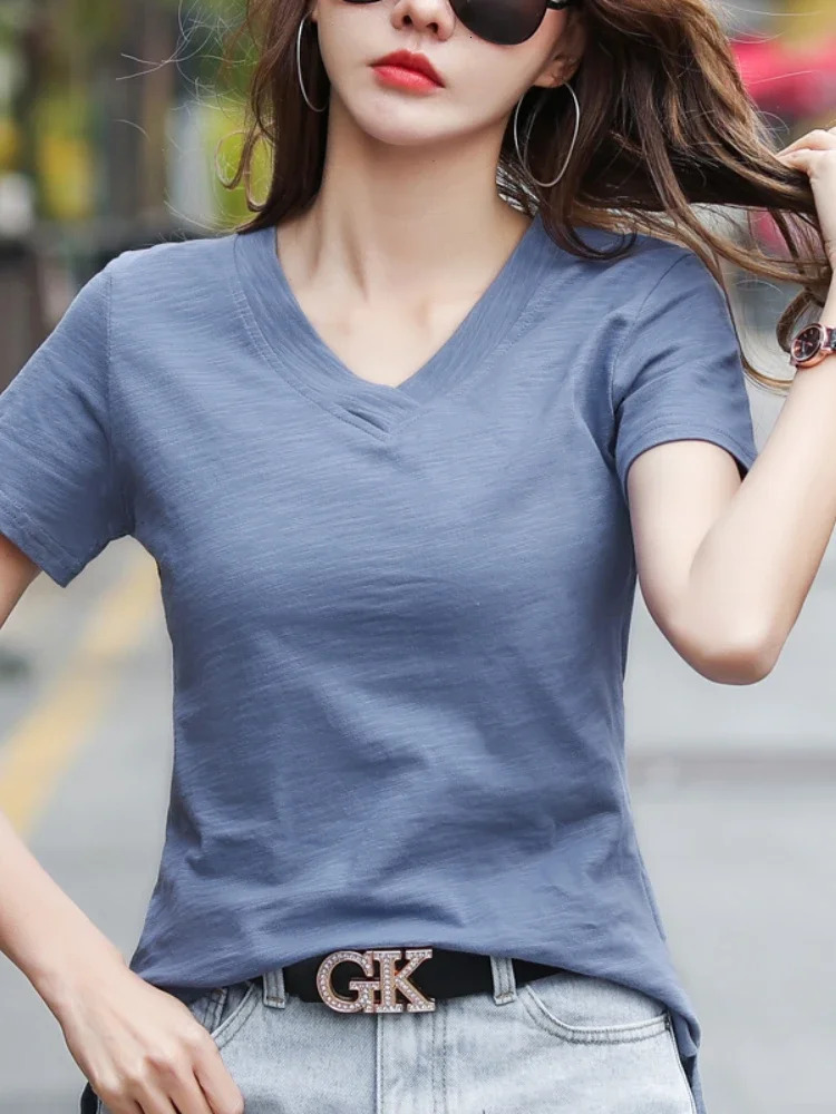 2025 Womens Summer Top Basic Cotton Tshirt Casual Dress Vneck Short sleeved 250506