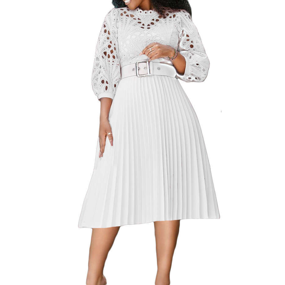 D254 summer oversized lace hook flower sexy hollow out pleated dress