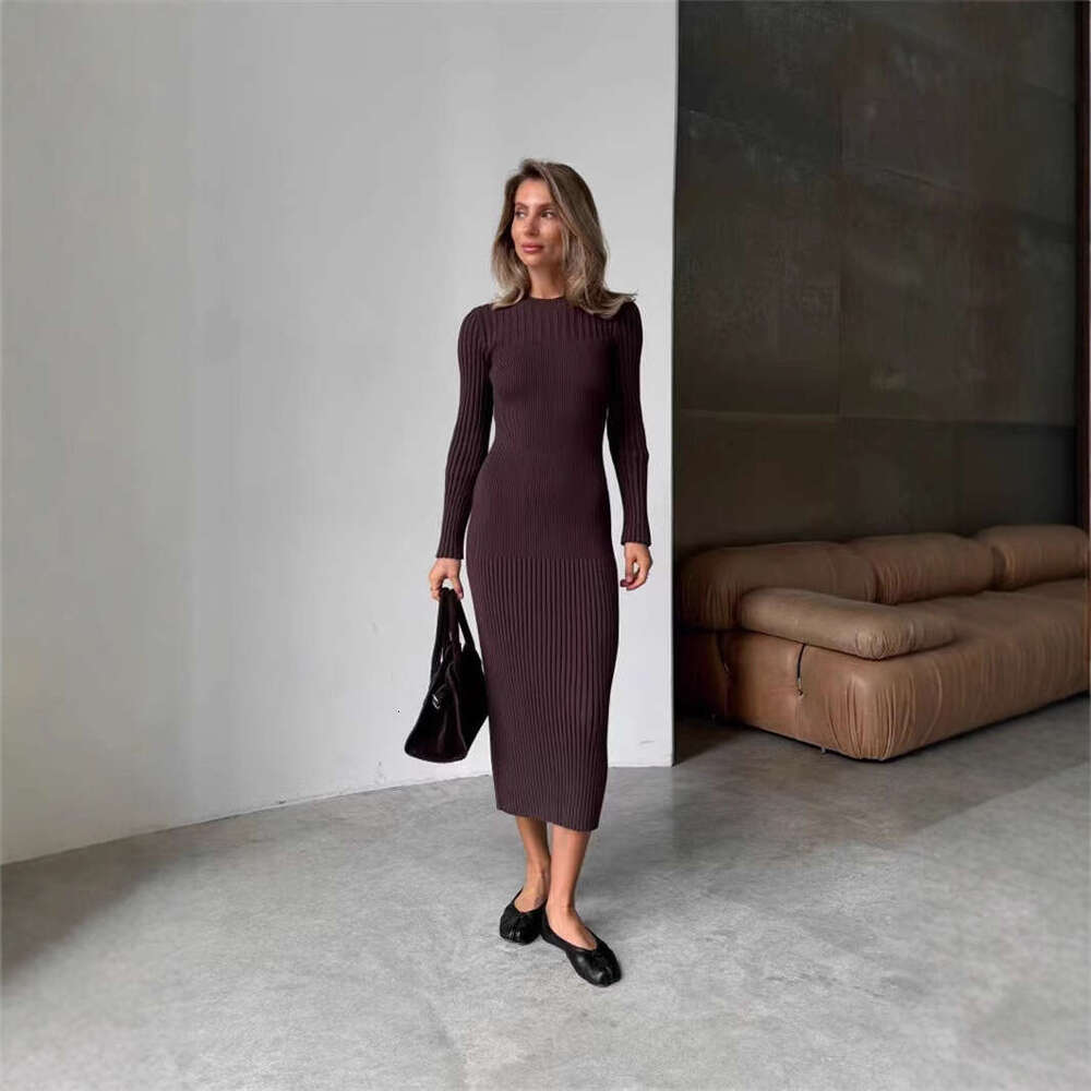 White Dress Maxi Dress Long Sleeved Autumn And Winter Woolen Women, Knitted Round Neck, Pit Stripe, Solid Color, Tight Fitting Dress For Women KQ