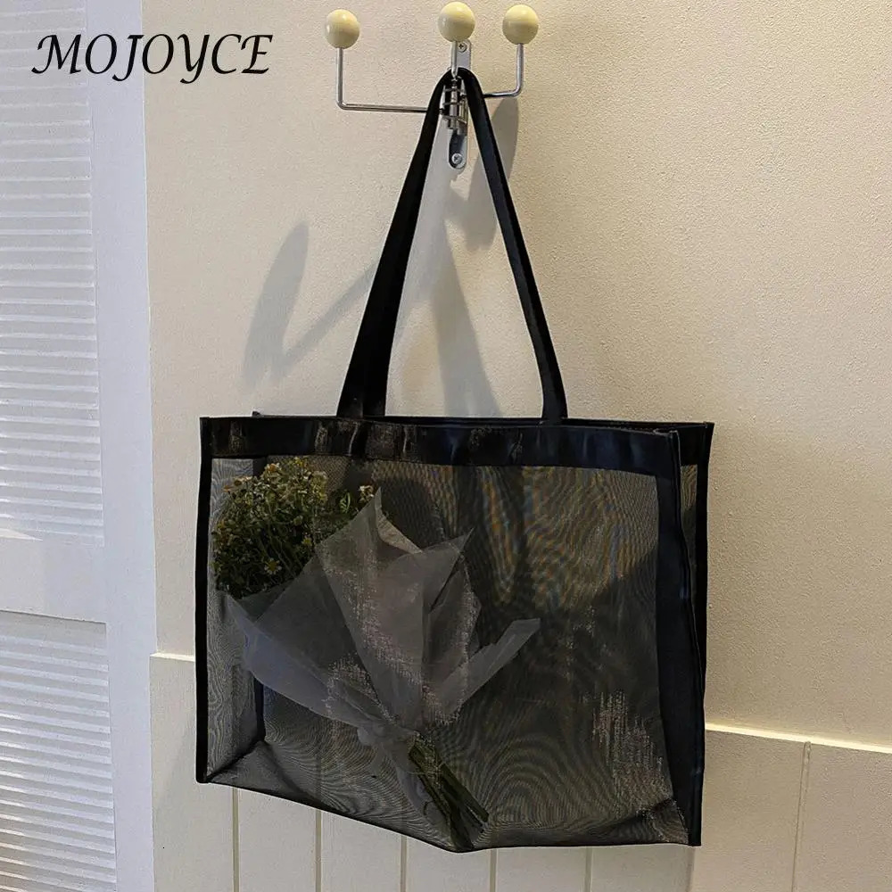 Fashion Shopping Bag Large Capacity Mesh Top-Handle Handbag Solid Color Storage Bags Transparent All-match for Beach Swimming 250515