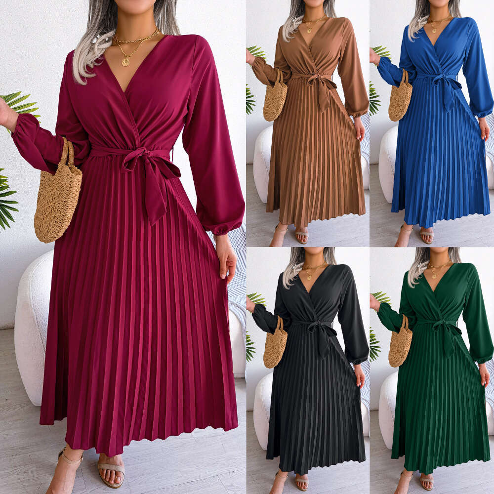 Explosive Real Shot European American Spring and Summer Style Cross V-neck Big Swing Hundred Fold Long Dress Women's 2025 New Casual Fashion Tren
