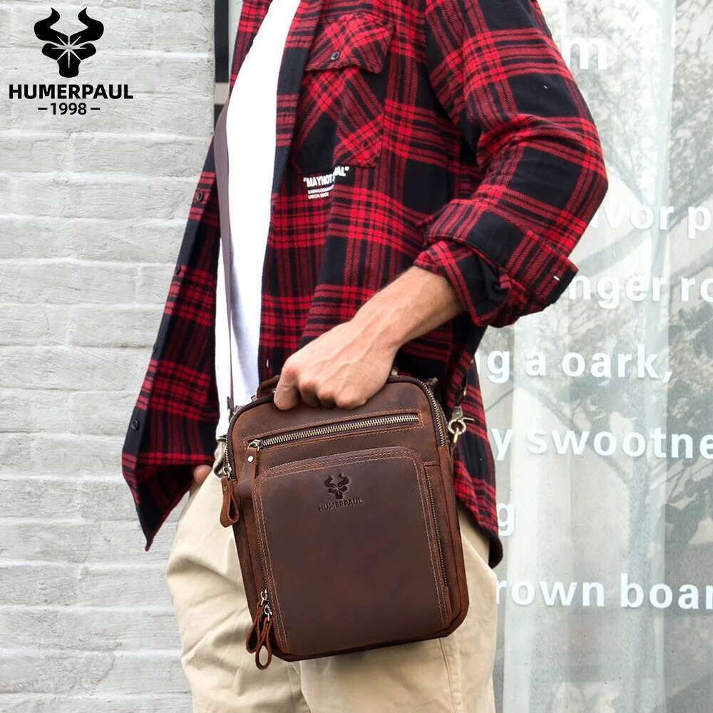 HUMERPAUL Genuine Leather Men's Shoulder Vintage Cross Bags Large Capacity Male Messenger Tote Bag Travel Bolso Hombres