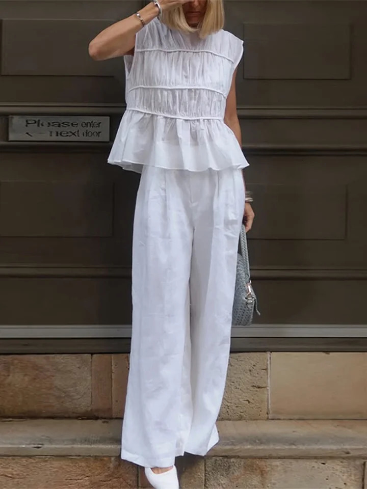 Wrinkled Sleeveless Top Straight Leg Pants Half Skirt Women 3 Piece Set Slim Wide Aline Skirts Summer Commuting Suit 250515