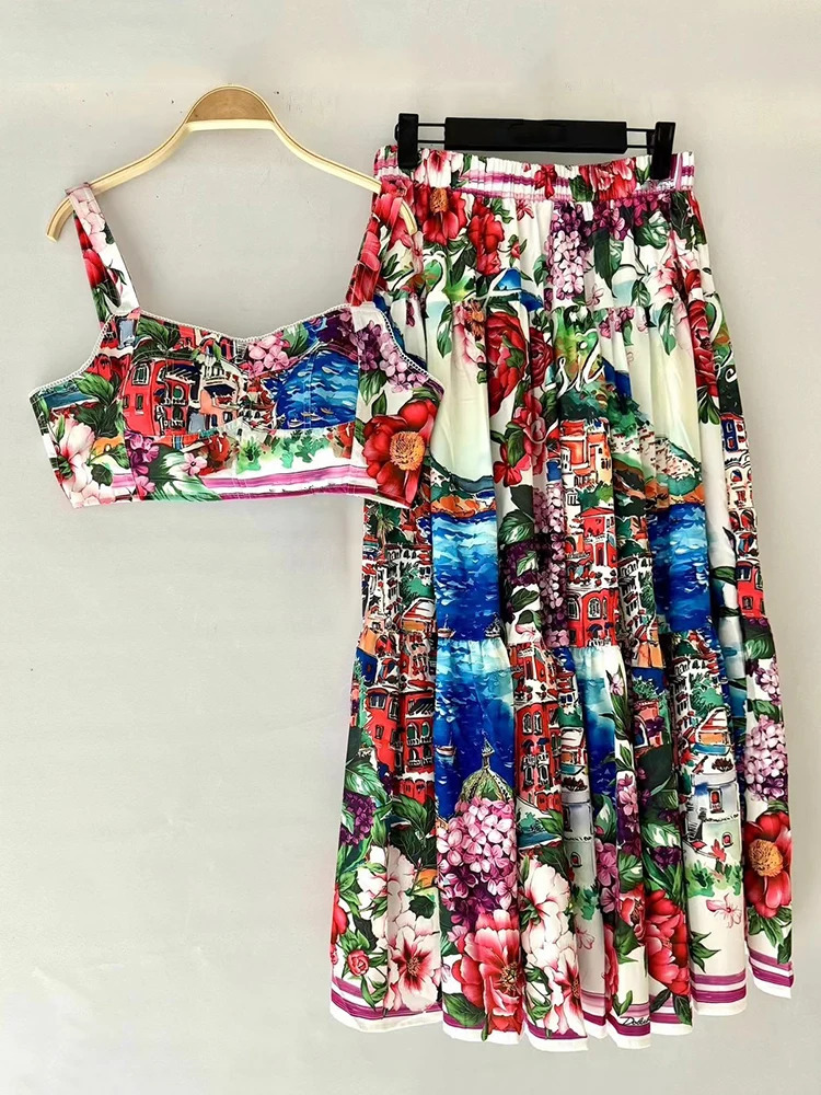 summer womens retro geometric print sexy suspender strapless top twopiece setelastic waist loose skirt fashion set 250515