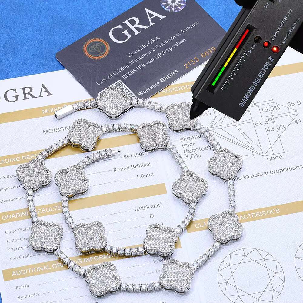Hip Hop Clover Tennis Chain S925 Silver Moissanite Men Versatile Necklace Versatile
