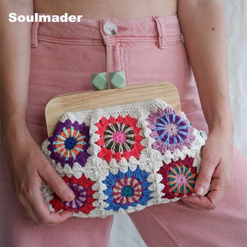 Crochet Clutch Chic Granny Square Gran Handbag Clasp Purse Woven Jacquard Bag Wholesale