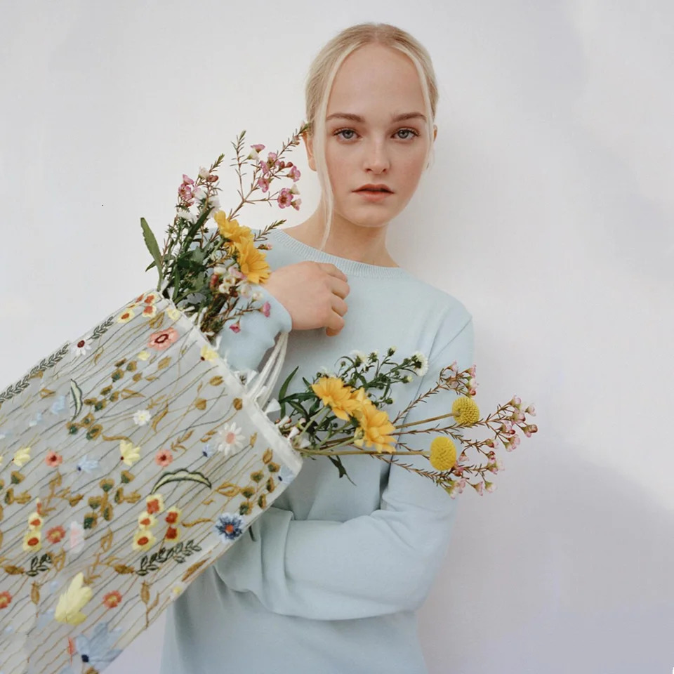 Fashion Tote Bag Summer Style Mesh Full Embroidery Flowers Clear Shoulder Bag Romantic Handbag Girl Womens Eco Shopping Bag 250515