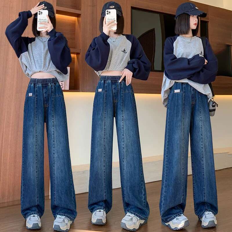 L - 6XL Plus Size Woman High 2025 Spring Elastic Waist Wide Leg Loose Denim Pants Streetwear Blue Color Jeans Women