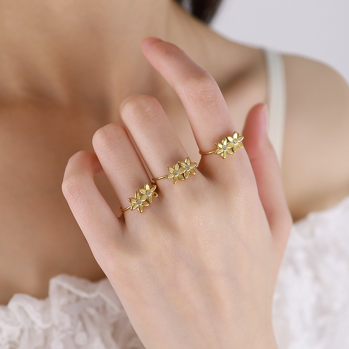 French Style Elegant Adjustable Floral Ring, 18K Gold Plated Titanium Steel Open Ring for Women