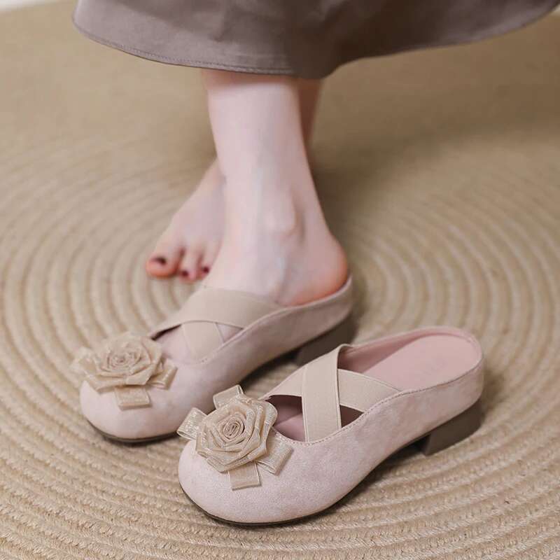 Summer Women's Toe Slippers One Kick Suede Flowers Shoes for Women Versatile Daily Commute Soft Sole New Zapatillas De Mujer