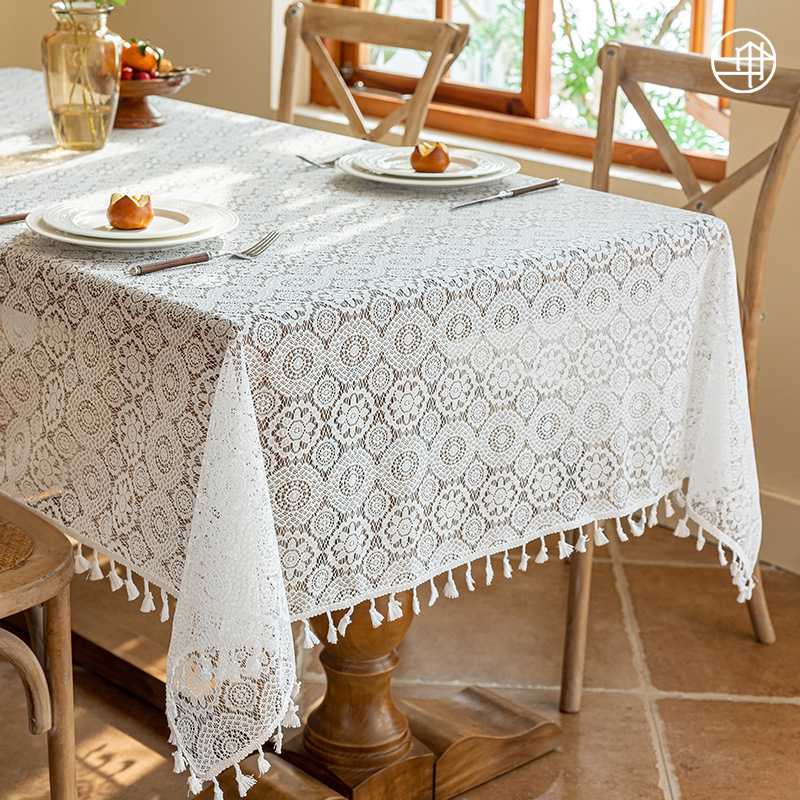 A0909 French light luxury tassel jacquard tablecloth polyester hollow restaurant dustproof tablecloth rectangular mesh cover cloth wholesale