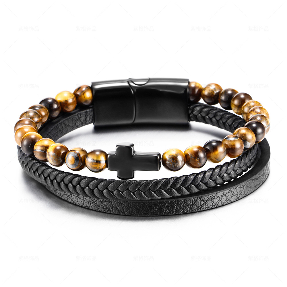 Hot-Selling Stainless Steel Natural Tiger Eye Stone Cross Bracelet for Men, Multi-Layer Braided Leather Wristband, Titanium Steel Jewelry