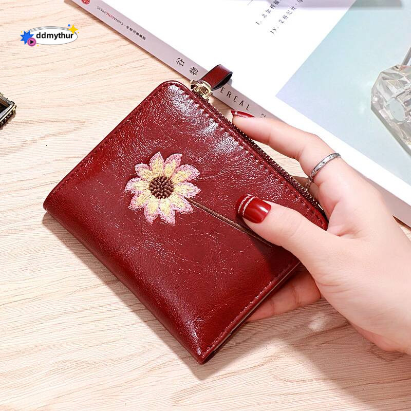 Women Purse Zipper Green Red Black Female Wallet PU Leather Card Holder Embroidery Ladies Money Bag ddmythur