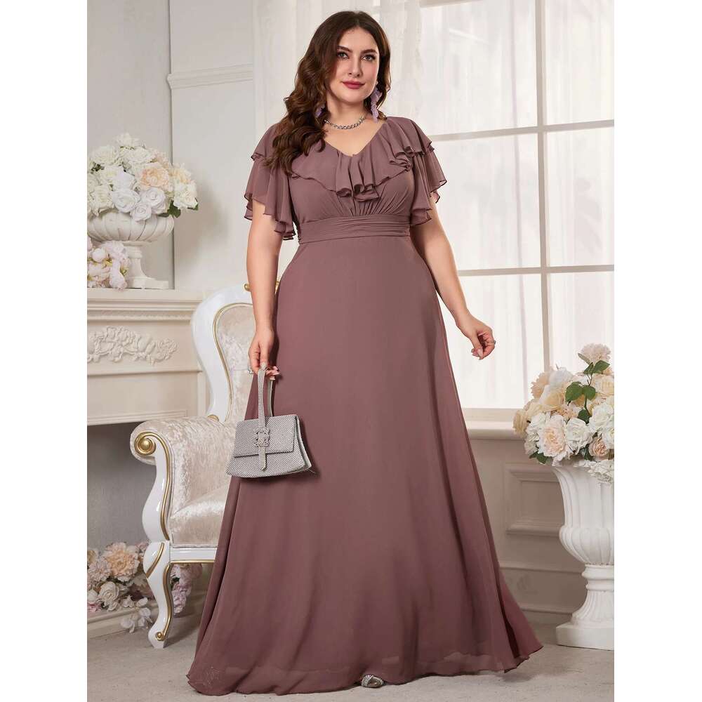Unithorse Plus Size Women's Bust Ruched Tierred Short Sleeve Elegant Chiffon Dress