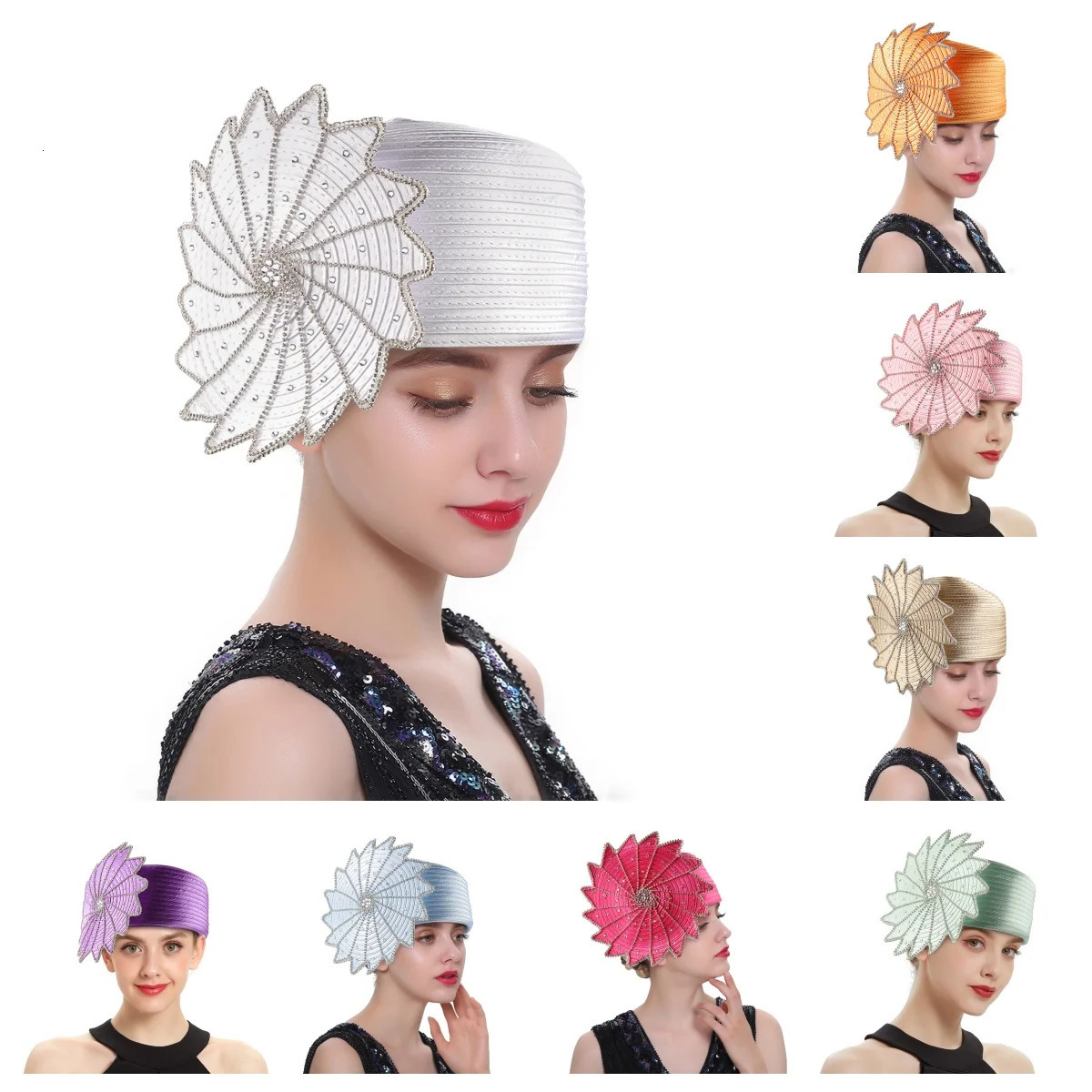 Unique Deluxe Satin Cloth Church Hat Elegant Wedding Pography Top Hat Female Banquet Fascinator Formal Hat Turban Cap Female 250514