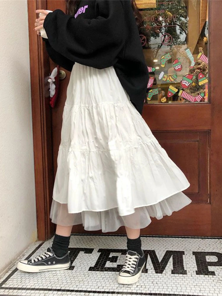 Long Tulle Midi Skirts Womens Autumn Elastic High Waist Mesh Tutu Pleated Skirts Female Black White Long Skirt Streetwear 250514