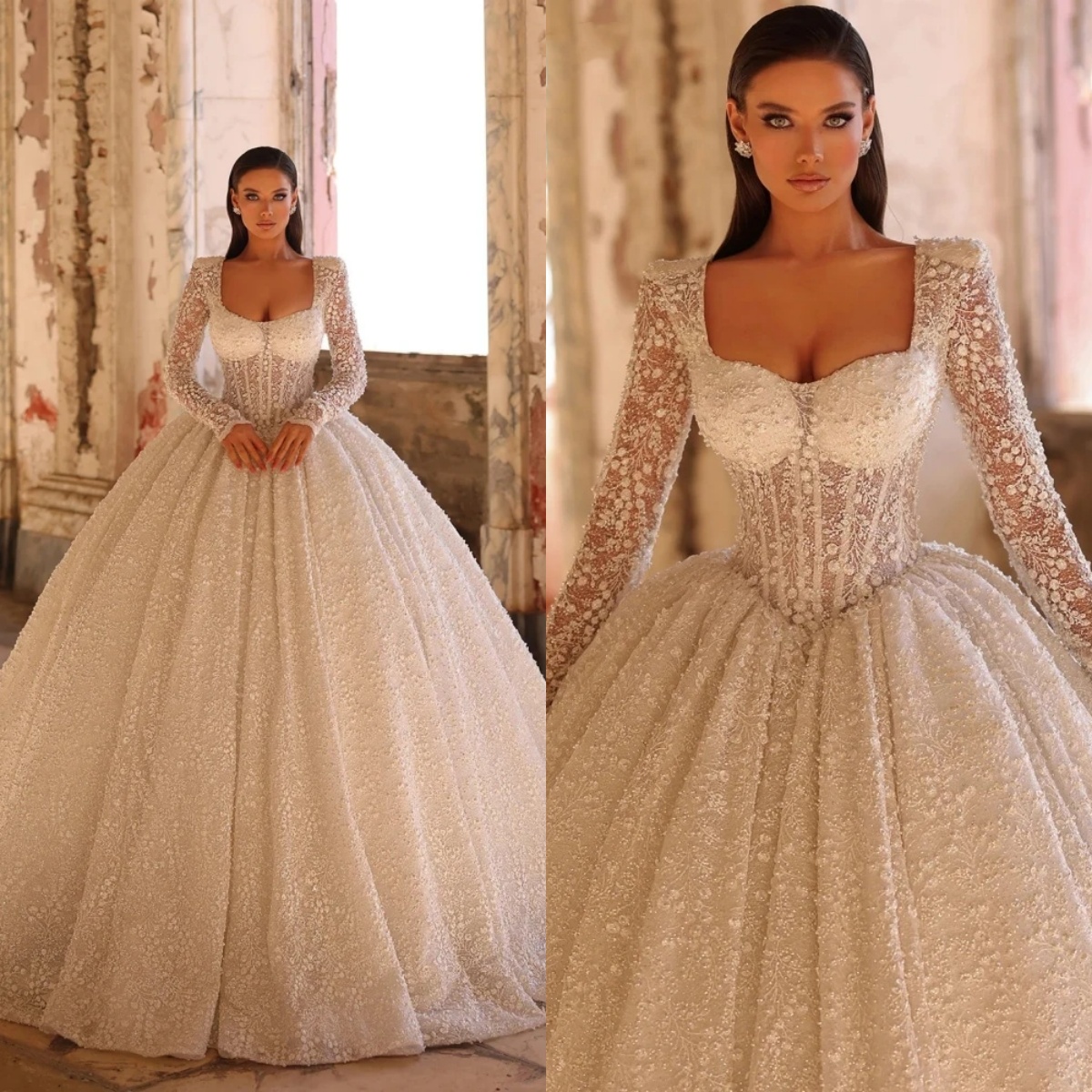 Vintage Ball Gown Wedding Dress Jewel Neck Long Sleeves Bridal Gowns Sequins Appliques Sweep Train Dresses Custom Made vestidos de novia