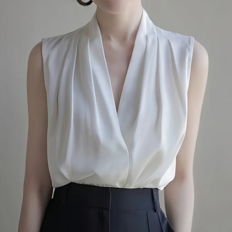 Summer Satin Tank Top Womens Blouses Sleeveless Solid Cross Vneck Casual Korean Elegant Vest Shirts for 250515