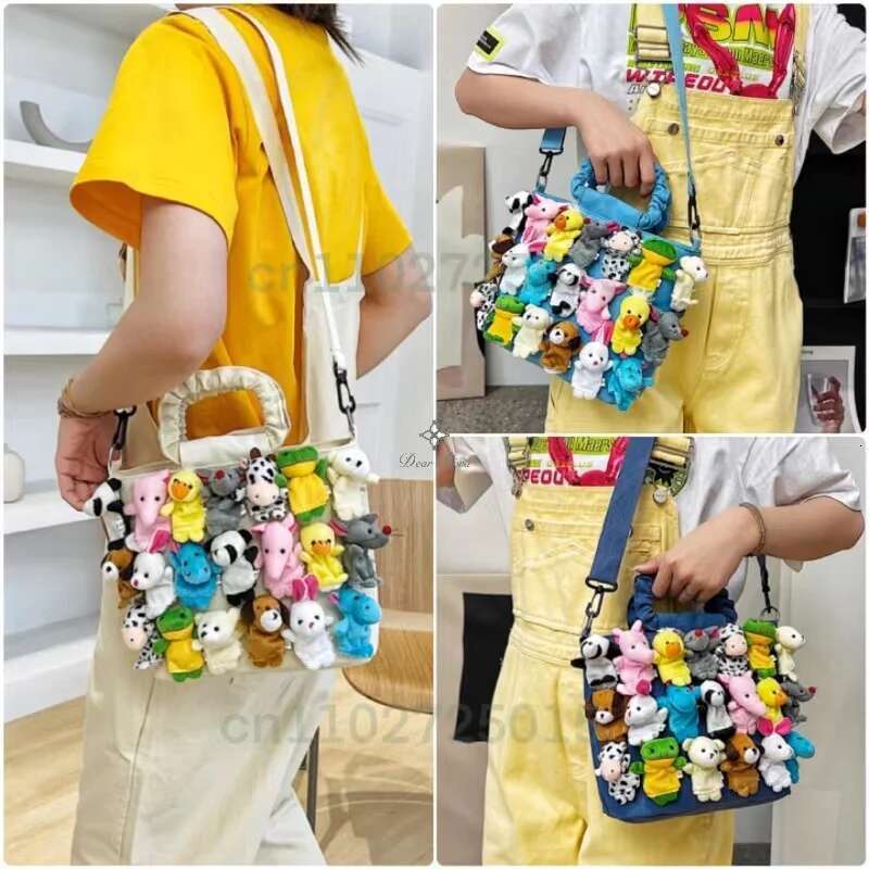 Y2k Denim Cartoon Doll Decoration Shoulder Casual Canvas Crossbody Trendy Tote Bag Fashion Design Handbag Cute Women Purses