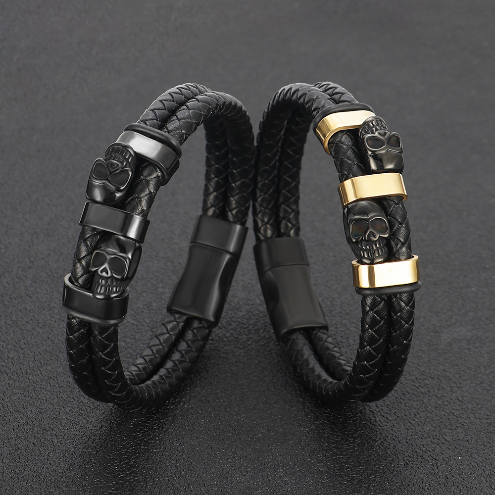 European/American Aesthetic Unisex Skeletal Motif Braid Bracelets Made from High-Quality Metal and Premium Leather