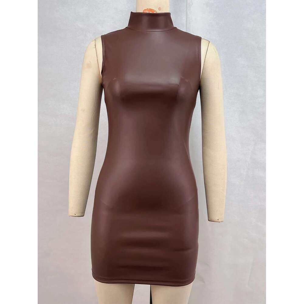 Sexy brown PU leather mini summer women clothing elegant bodycon club birthday party dress short evening dresses vestidos