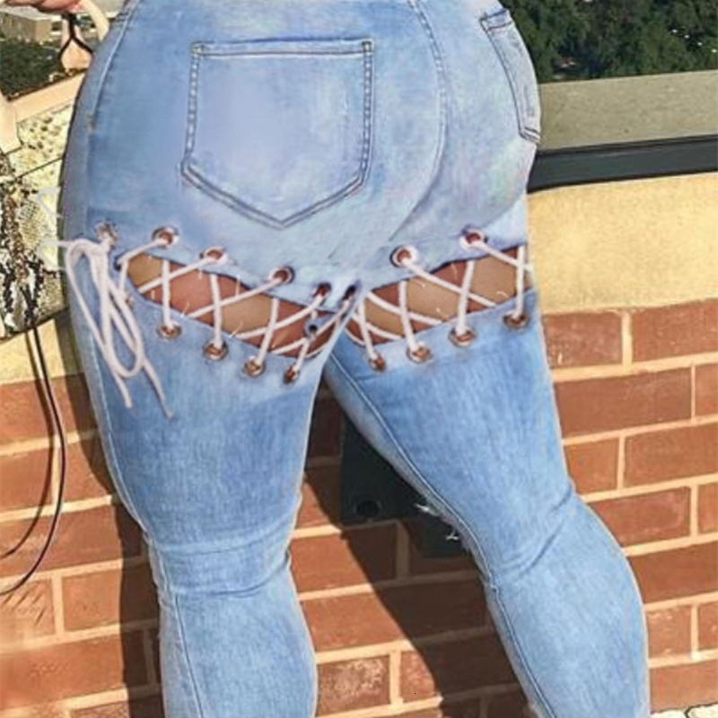 LW Plus size casual street womens autumn and winter high elasticity solid bandage hollow zipper flying tight n jeans w250506