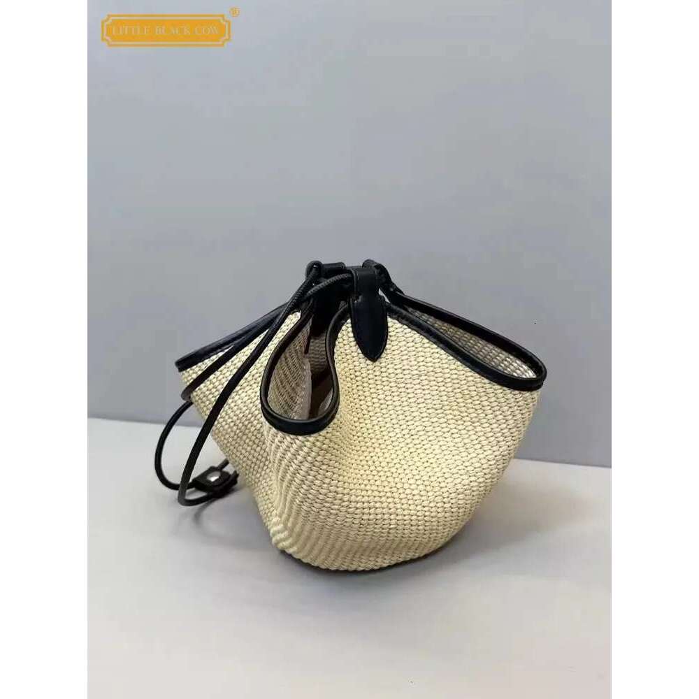 Designer Women Holiday Straw Vintage Summer Bucket Shoulder Bags Cow Leather Spliced Beach Bag Casual Totes Handbag