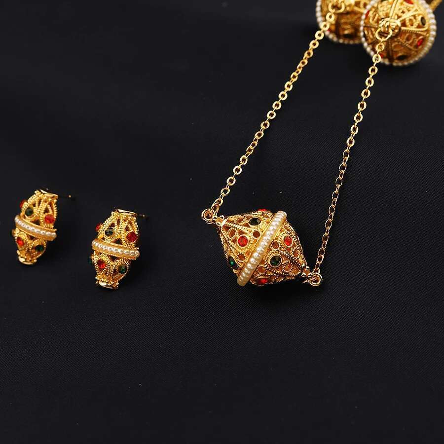 2Pcs Earring+1Pcs Necklace Gold-Plated Ethiopian Middle Eastern Women's Jewelry, Dubai Bridal Wedding Jewelry