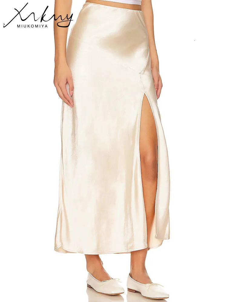 Summer Long Satin Bodycon Skirts For Women Aline Sexy Black Slit Maxi Elastic Wasit Splicing Office Silk Skirt Lady 250515