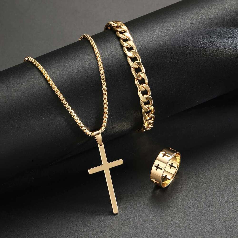 3 Pcs Men's Stainless Steel Jewelry Sets Gothic Hip Hop Style With Cross Pendant Necklace Ring Bracelet Set Fashion Simple Gifts