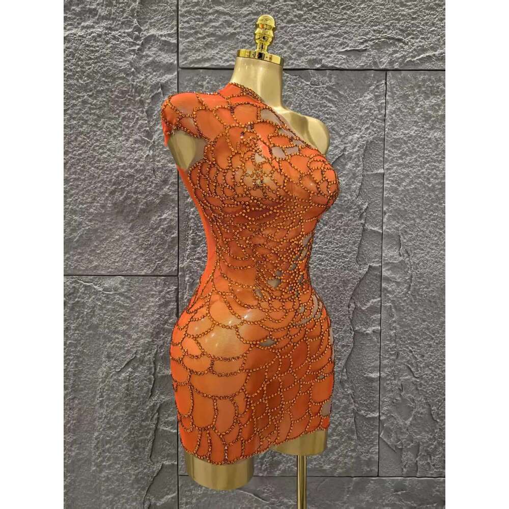 Orange Color Shinning Rhinestones Women Sexy One Shoulder Mesh Bodycon Mini Dress Celebrate Nightclub Party Bar Singer Wear