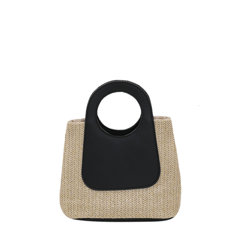 2025 Summer Contrast Spliced Grass Large Capacity Handmade Woven Bag Simple And Fashionable One Shoulder Handbag