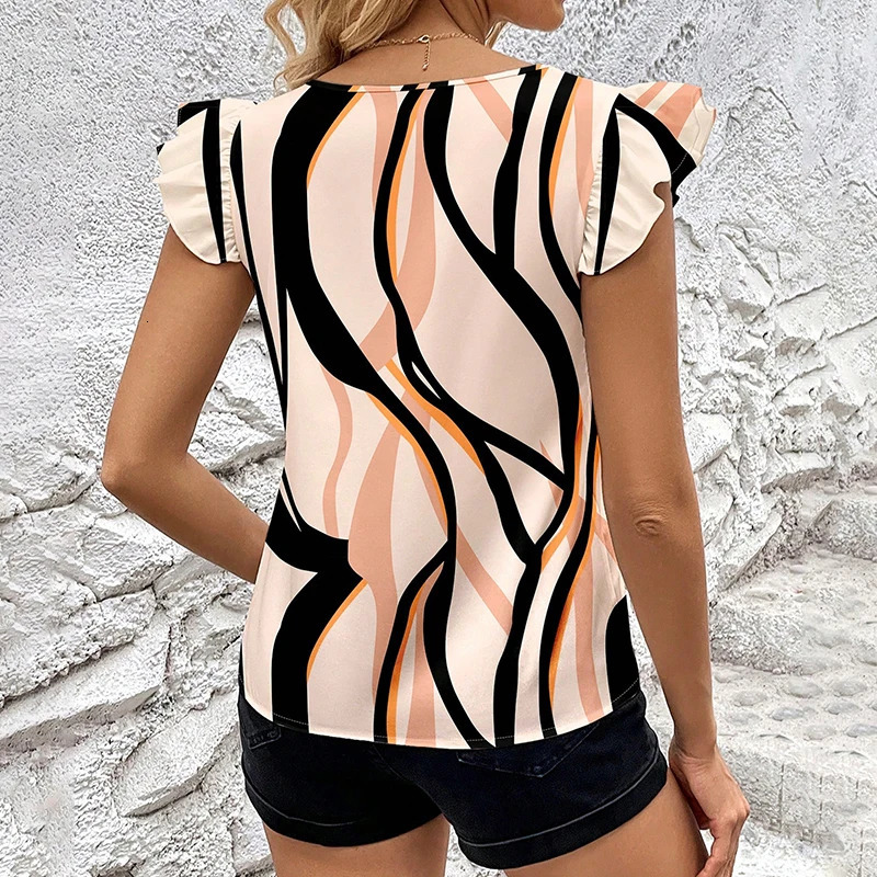 fashion striped shirt womens V-neck lace sleeve breathable fiber summer relaxed casual gentle chic womens shirt 250514