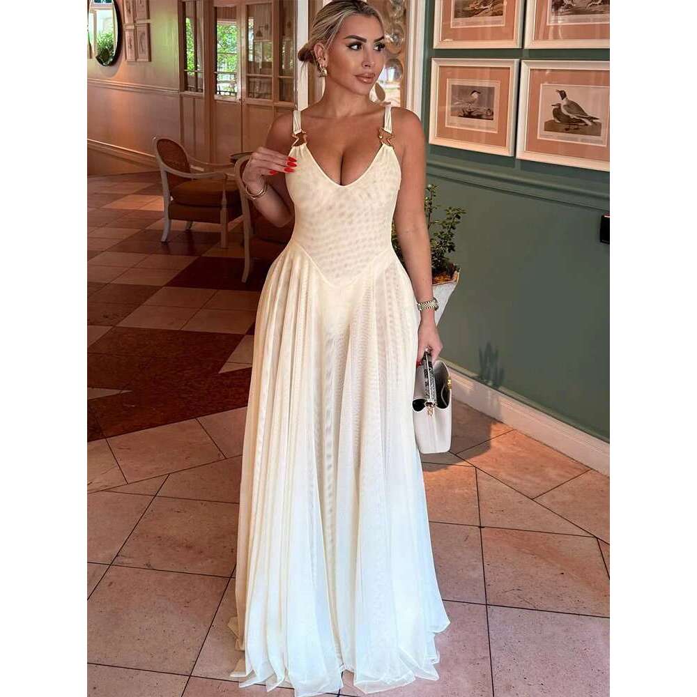 Nibber Holiday Women Dress Mesh Double V-Neck Skinny Metal Buckle Summer Trend Banquet Birthday Elegant Wedding Maxi Bodycon