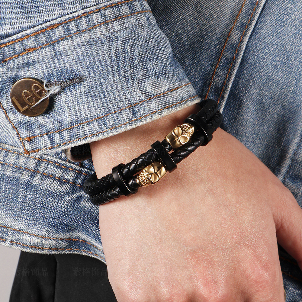European/American Aesthetic Unisex Skeletal Motif Braid Bracelets Made from High-Quality Metal and Premium Leather