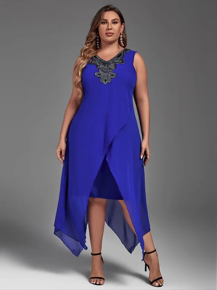 Plus Size Dress for Women Elegant Mesh Irregular Slim Long Dress Summer Casual Sleeveless Evening Party Dress 2XL 3XL 4XL 250509
