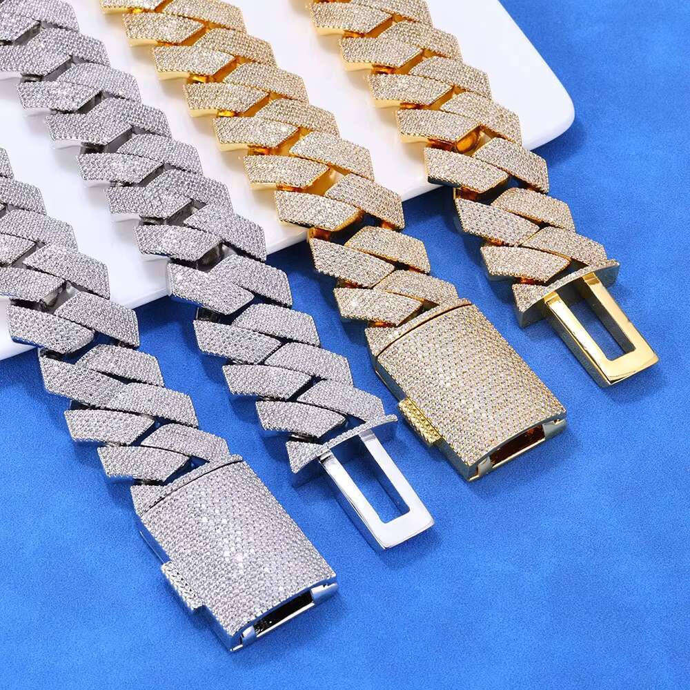 S925 Sterling Silver High Quality 20MM Diamond Cuban Link Chain Three Row VVS Moissanite Hip Hop Cuban Link Chain Necklace