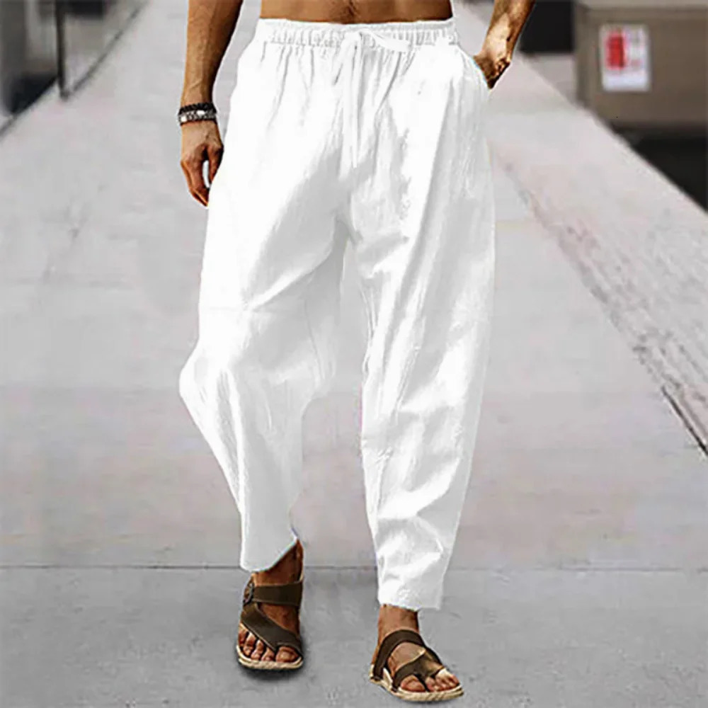 Summer Mens Breathable Pants Cotton and Linen Male Solid Color Versatile BasicTrousers Loose Fitness Causal Plus Size 250515