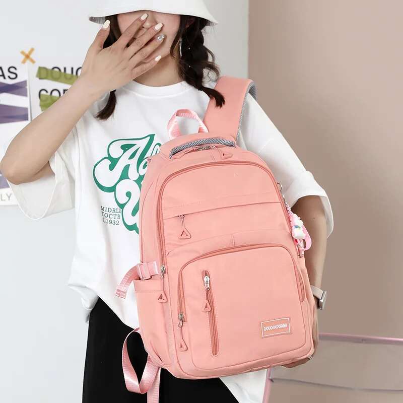 Girls School Bag With Pendant Nylon Backpack Travel Rucksack Multi Pockets Waterproof Casual Simple Style Schoolbag For Teenager