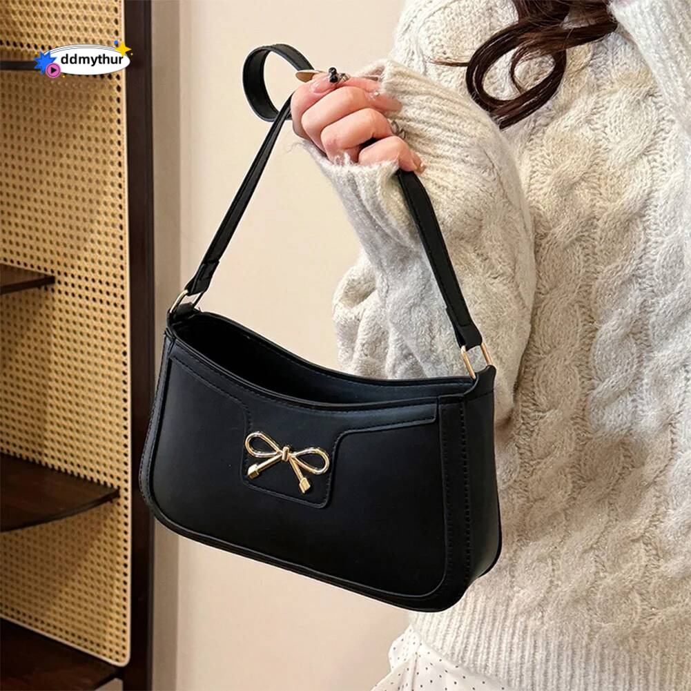 Female Bow Underarm PU Leather Versatile Armpit Solid Color Bowknot Shoulder Women Commute Bag ddmythur