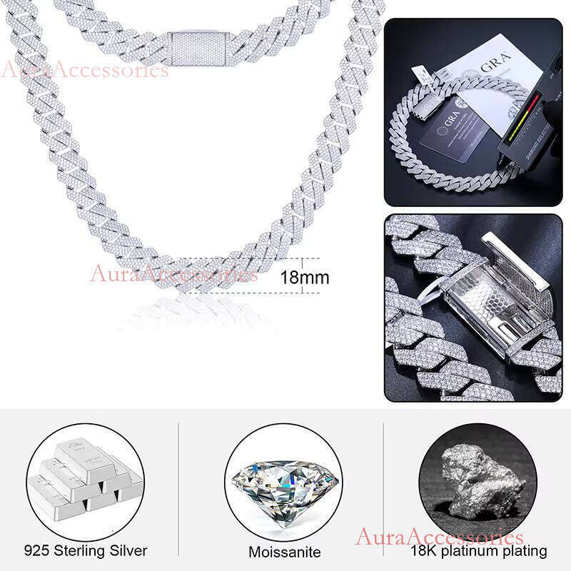 18mm 3 Rows VVS Moissanite Iced Out Link Sterling Sier Lab Dia Hip Hop Jewelry Men Cuban Necklace Chain