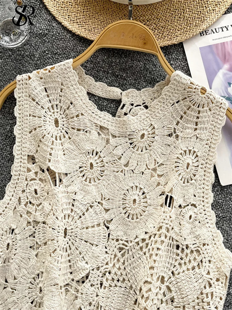 SINGREINY Korean Basic Knitting Tank Tops Female Sleeveless Hook Flower Hollow Chic n Summer Sweet Fashion Knitted Blouse 250515