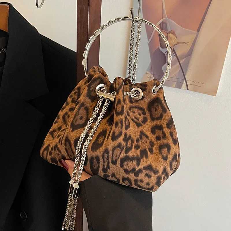 Ring Handle Rhinestones Clutch Bag Retro Leopard Handbag Luxury Party Purse Drawstring Bucket Crossbody Mini Canvas Bags BrownXJ250515