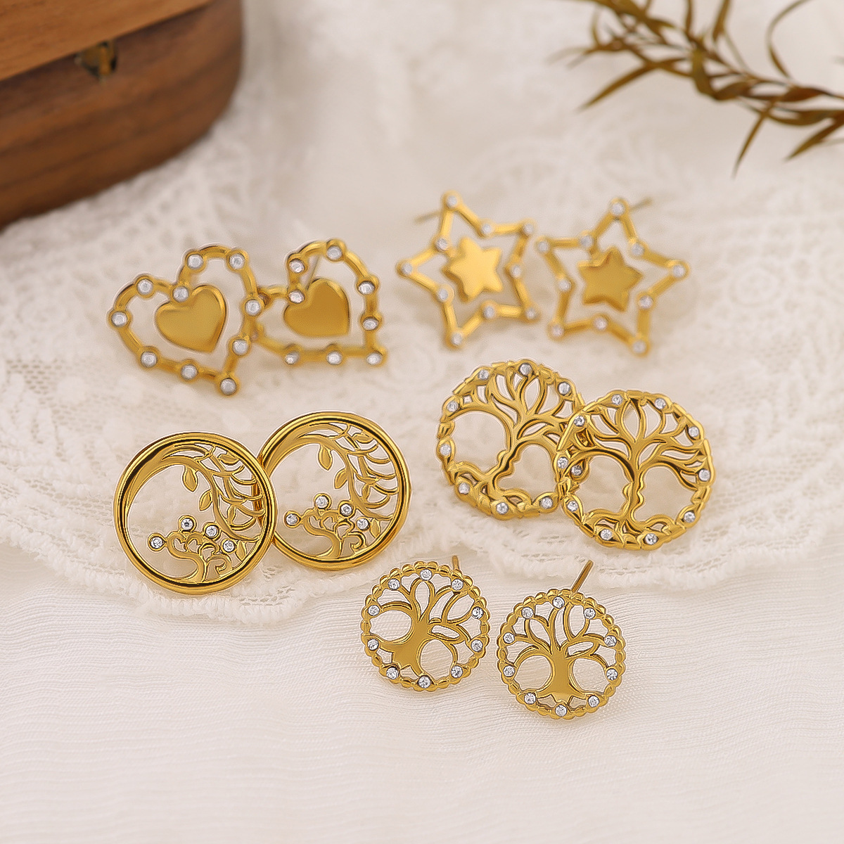 High-End PVD 18K Gold Plated Stainless Steel Hollow Tree of Life Earrings with Crystal Accents, Geometric Heart and Star Design for Women