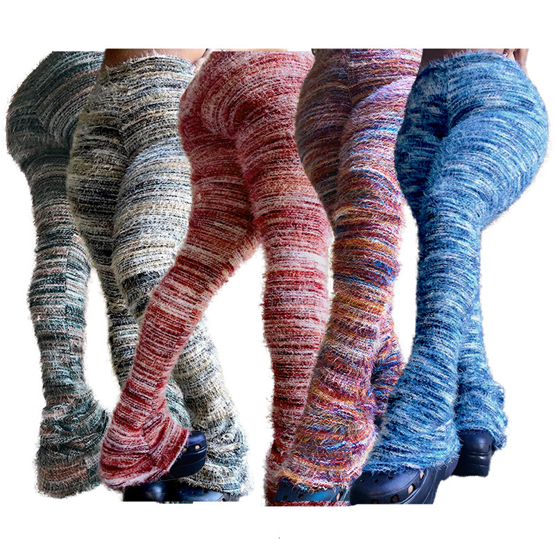 HR23113 Fashion Womens Colorful Striped Plush Personalized Plush Pants Stacked Pants